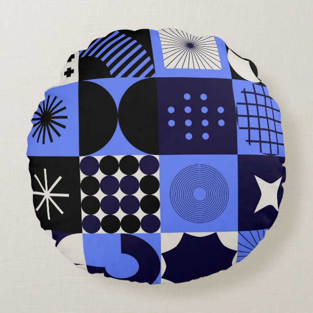 Bold Geometric Bauhaus Retrofuturistic Pattern Round Cushion (Front)