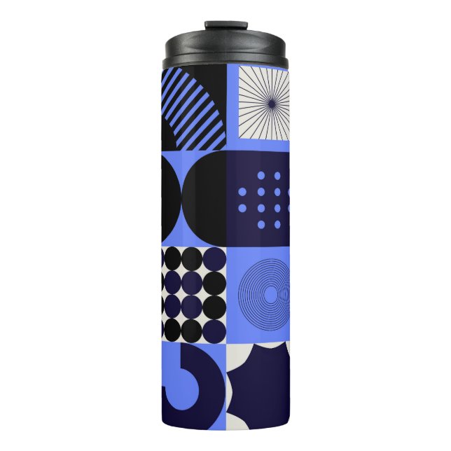 Bold Geometric Bauhaus Retrofuturistic Pattern Thermal Tumbler (Front)