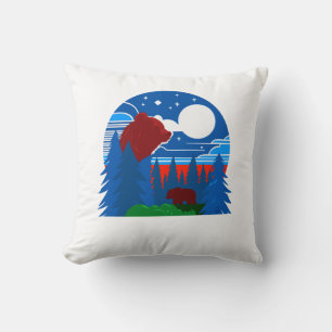 Bold Geometric Bear and Forest Illustration Cushion