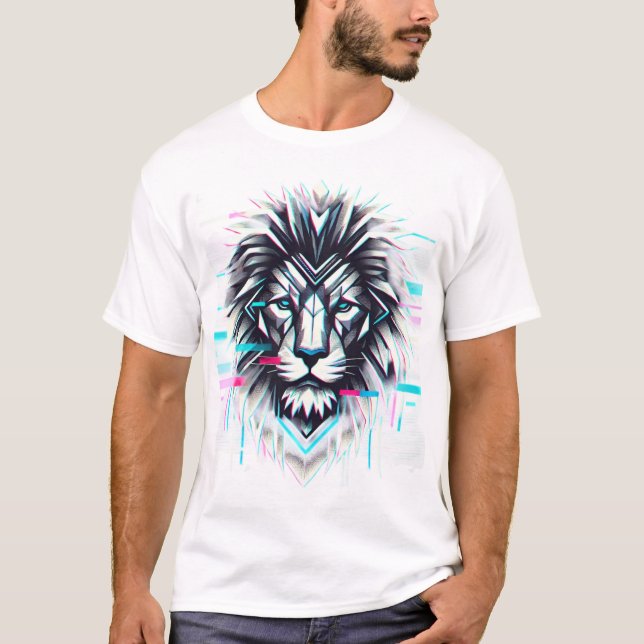 Bold Geometric Lion T-Shirt with Glitch Effect (Front)