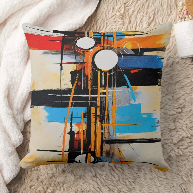 Bold Geometric Orange Blue Abstract Modernist Cushion (Blanket)