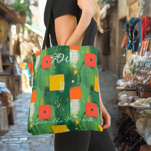 Bold geometric pattern with red, yellow & green tote bag