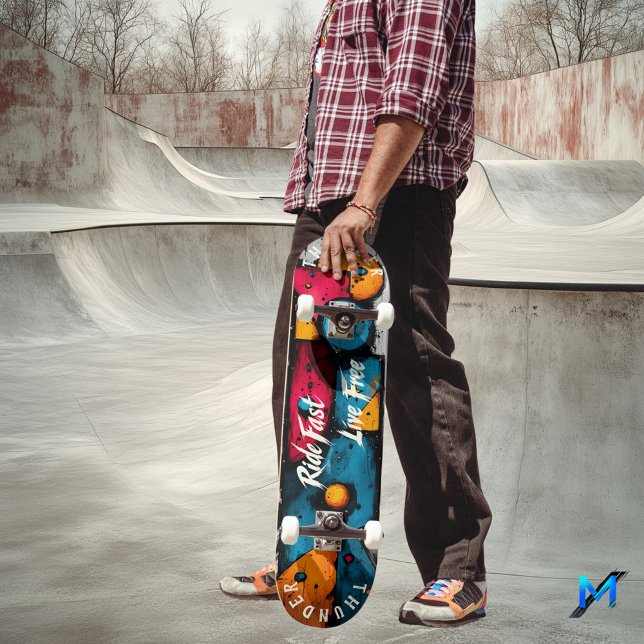 Bold Geometric Pop Art - Ride Fast, Live Free Skateboard (Creator Uploaded)