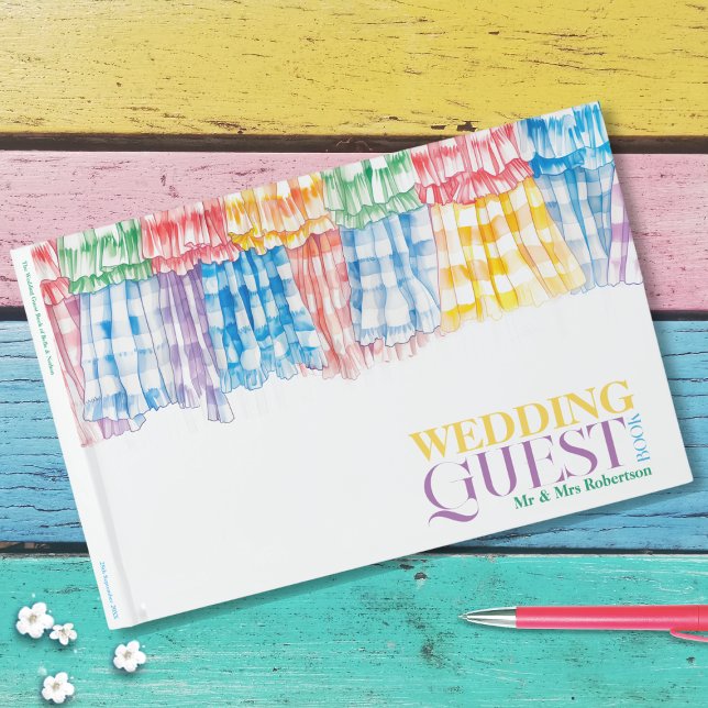 Bold Gingham Ruffle Modern Trendy Colourful Weddin Guest Book (Bold Gingham Ruffle Modern Trendy Colorful Wedding Guest Book Custom Name watercolor rainbow trendy)