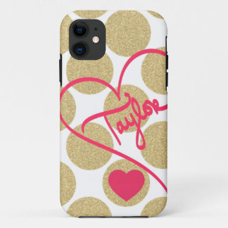 Bold Glitter Gold Dots Heart and Handwritten Name Case-Mate iPhone Case