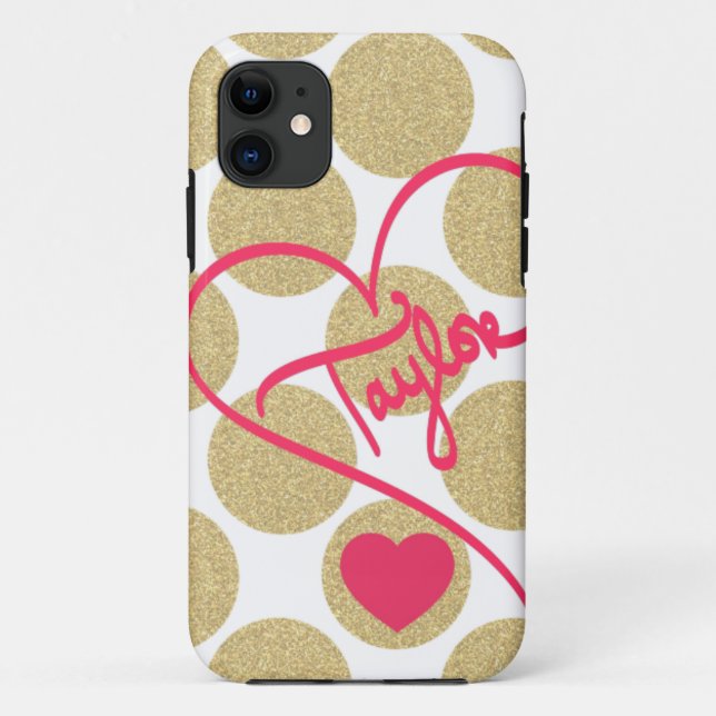 Bold Glitter Gold Dots Heart and Handwritten Name Case-Mate iPhone Case (Back)