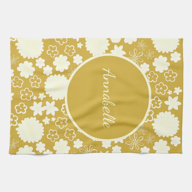 Bold Gold Cream Flowers Floral Pattern Named  Tea Towel (Horizontal)