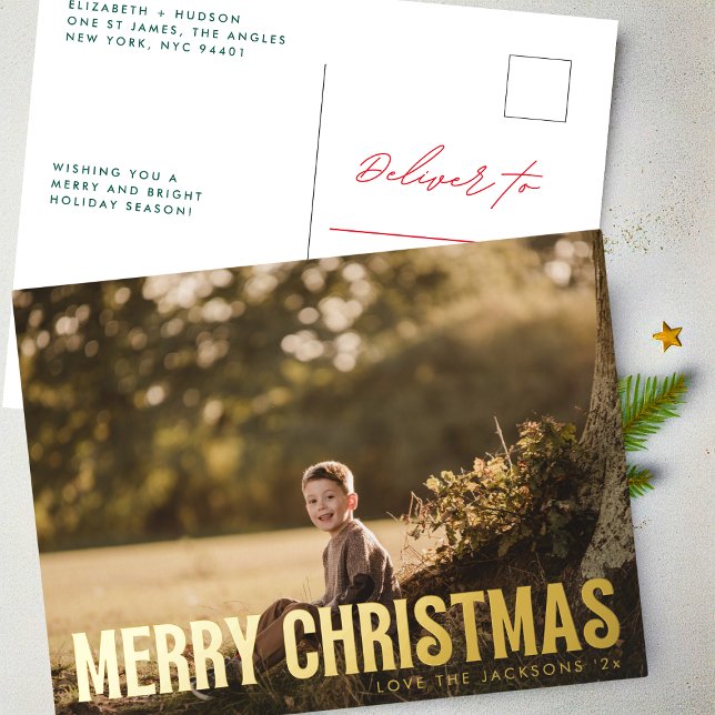 Bold Gold Elegant Merry Christmas Family Photo Foil Holiday Postcard (Creator Uploaded)