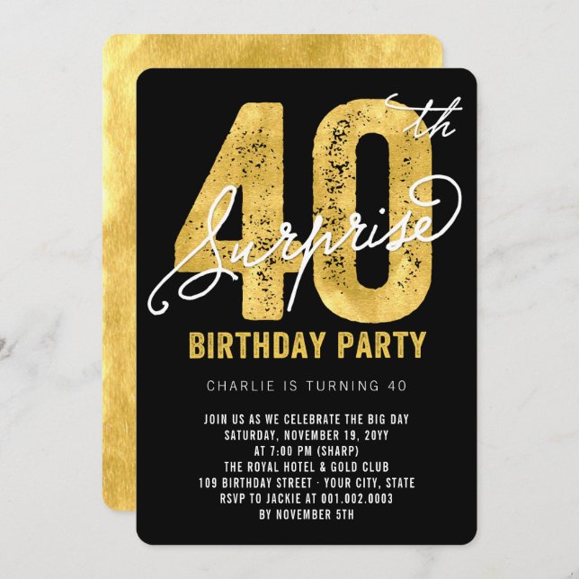 Bold Gold Foil Surprise 40th Birthday Party Invite (Front/Back)