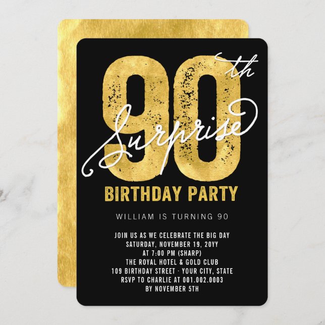 Bold Gold Foil Surprise 90th Birthday Party Invite (Front/Back)
