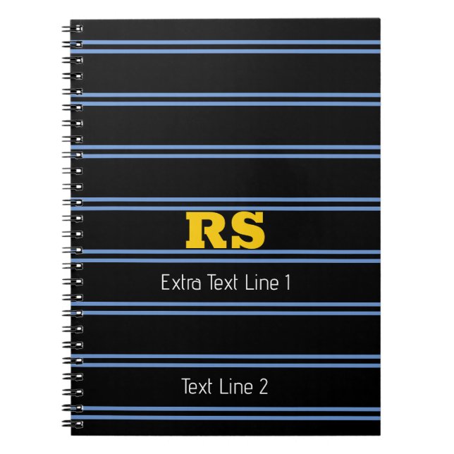 Bold Gold Monogram, Name, Blue Lines on Black Notebook (Front)