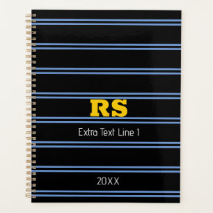 Bold Gold Monogram, Name, Blue Lines on Black Planner