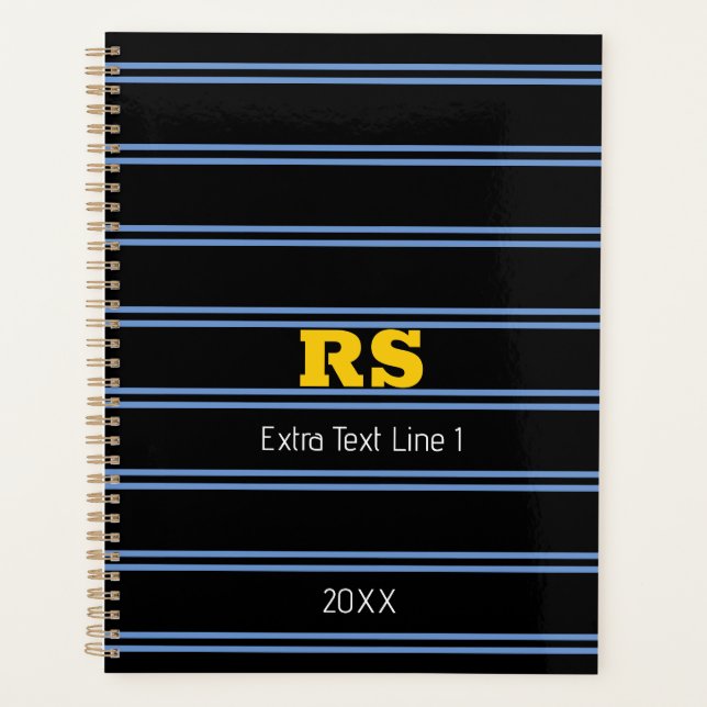 Bold Gold Monogram, Name, Blue Lines on Black Planner (Front)