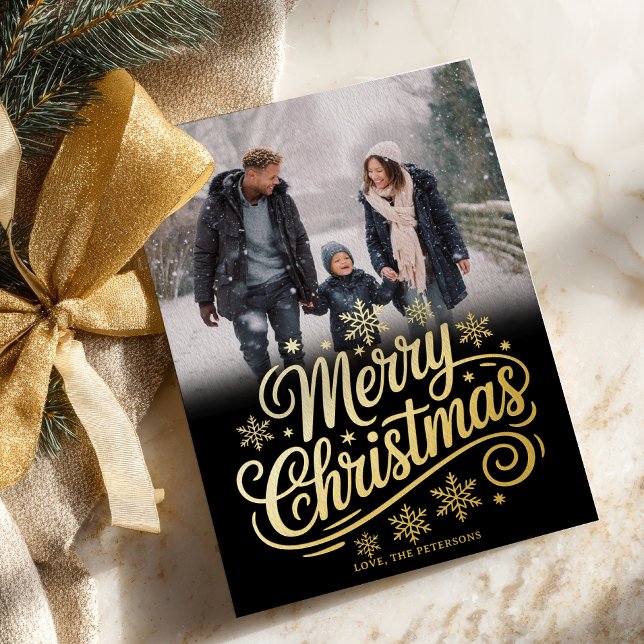 Bold Gold Snowflakes Script Merry Christmas Photo (Bold Gold Snowflakes Script Merry Christmas Photo Foil Holiday Card)