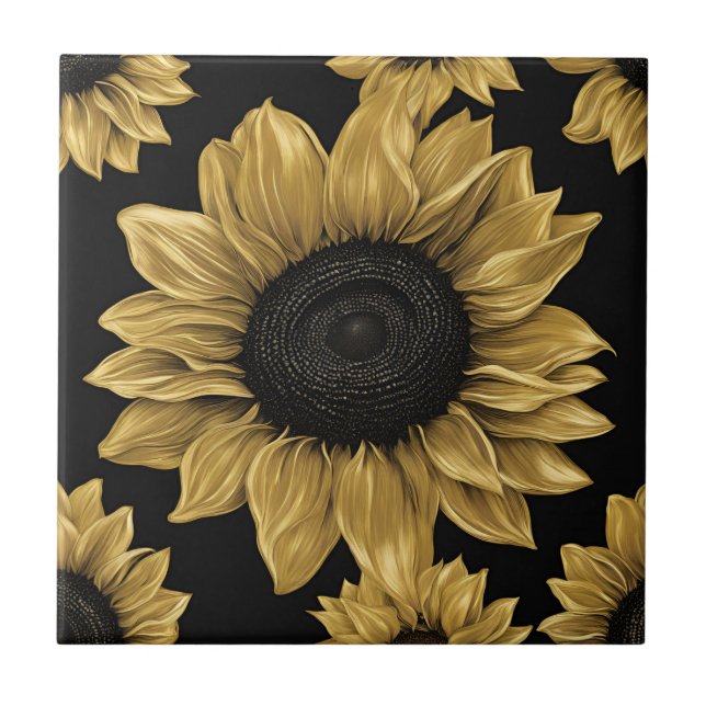  Bold Gold Sunflower on Black Tile (Front)