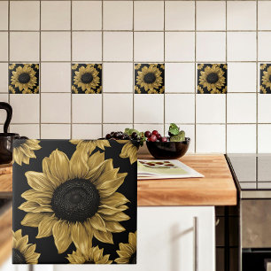  Bold Gold Sunflower on Black Tile