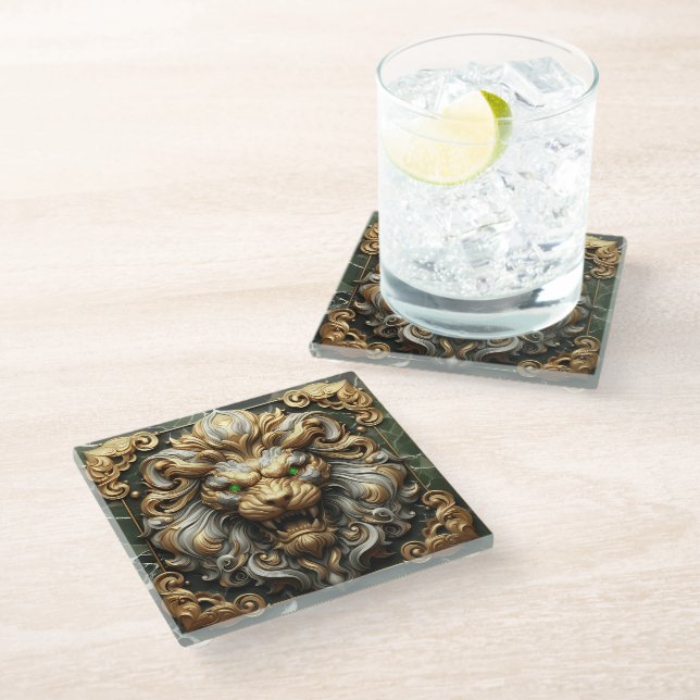 Bold Golden Lion with Fierce Expression Glass Coaster (Angled)