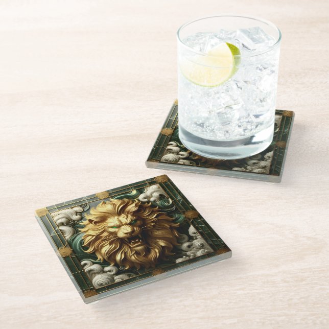 Bold Golden Lion with Piercing Green Eyes Glass Coaster (Angled)