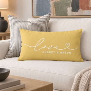 Bold Golden Yellow Love Heart Couple Names Lumbar Cushion