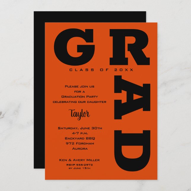 Bold GRAD Black and Orange Graduation Invitation (Front/Back)