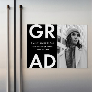 Bold Grad Black Photo Graduation Magnetic Invitation