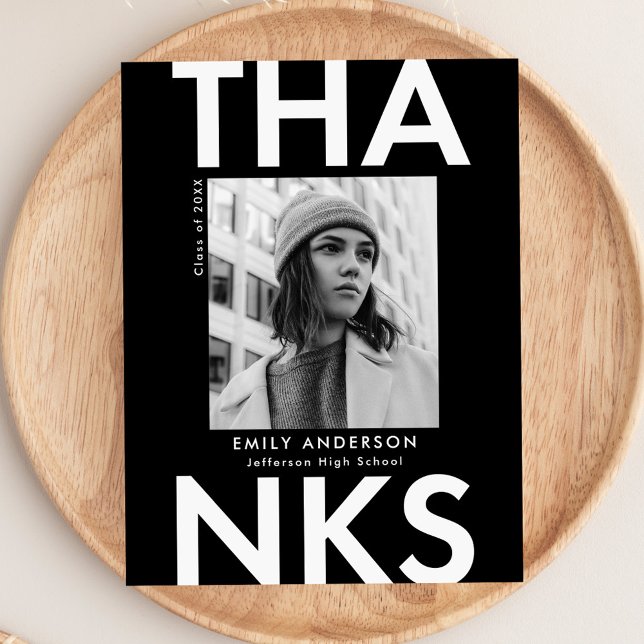 Bold Grad Black Photo Graduation Thank You Postcard (Creator Uploaded)