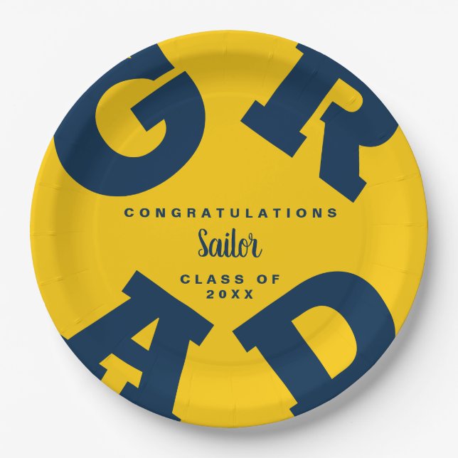 Bold GRAD Blue on Maize Yellow Graduation Paper Plate (Front)