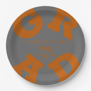 Bold GRAD Burnt Orange on Grey Graduation Paper Plate