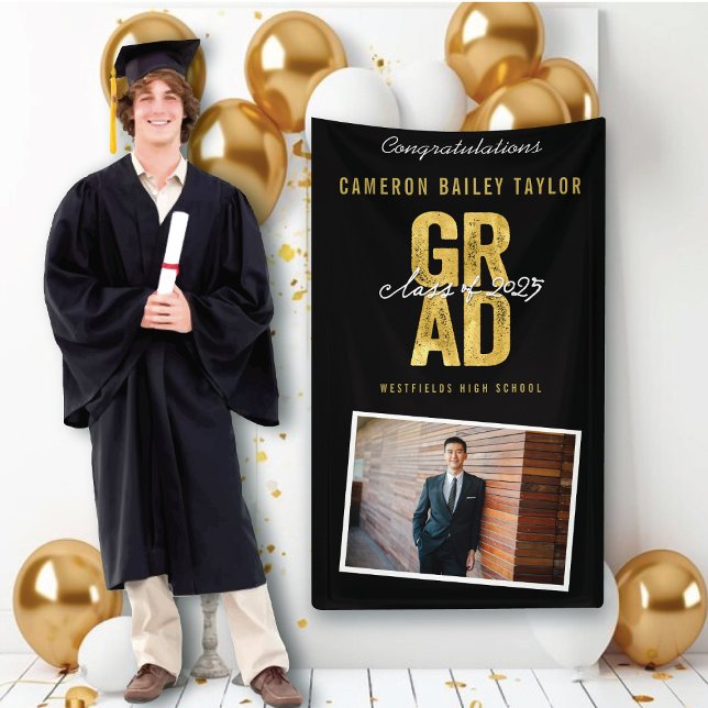 Bold GRAD Class Of 2025 Photo Graduation Party Banner (Class Of 2025 Modern Bold Golden GRAD Photo Graduation Party Banner @ www.zazzle.com/color_therapy)