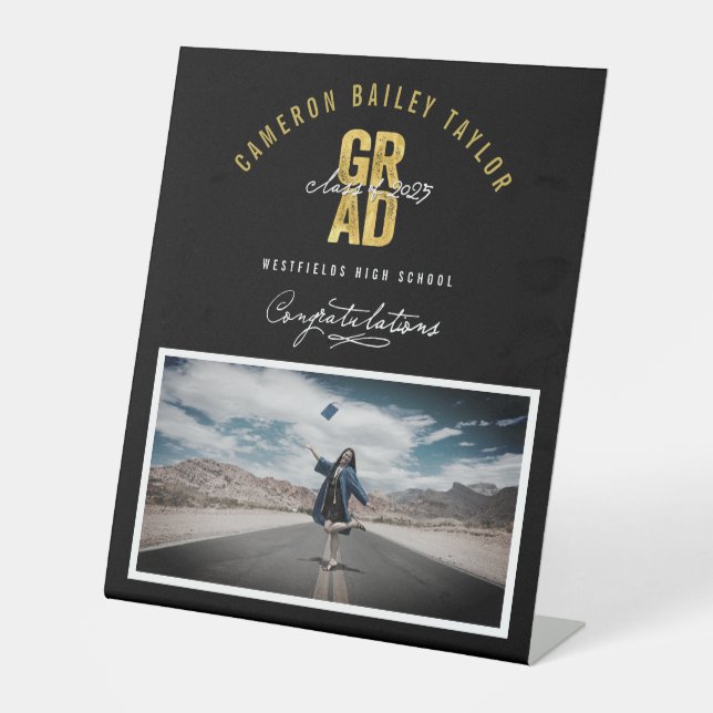 Bold GRAD Class Of 2025 Photo Graduation Party Pedestal Sign (Front)