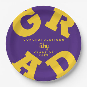 Bold GRAD Custom Yellow on Purple Graduation Paper Plate