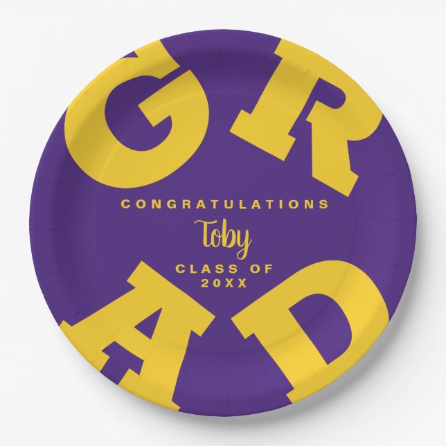 Bold GRAD Custom Yellow on Purple Graduation Paper Plate (Front)
