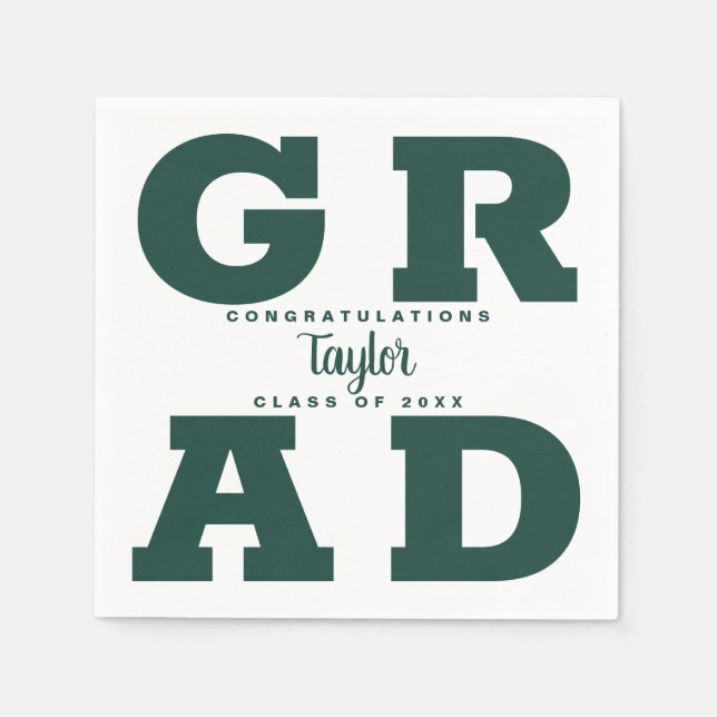 Bold GRAD Dark Green and White Graduation Napkin (Front)
