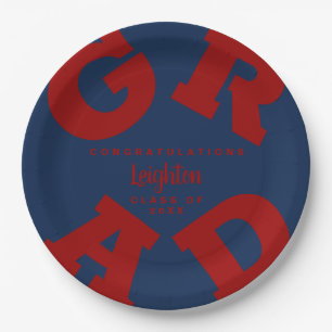 Bold GRAD Dark Red on Blue Graduation Custom Paper Plate