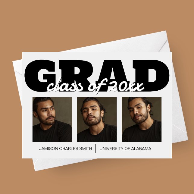 Bold Grad Graduation Announcement (Bold Grad, Graduation Announcement Card with Three Photos)