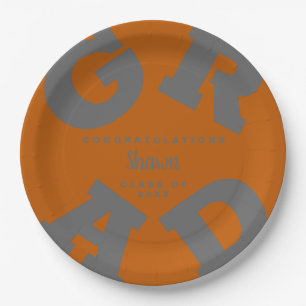 Bold GRAD   Grey on Burnt Orange Graduation Plates