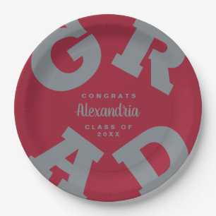 Bold GRAD   Grey on Crimson Red Graduation Plates