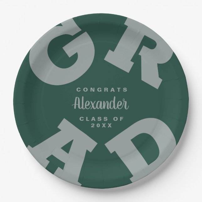 Bold GRAD | Grey on Dark Green Graduation Plates (Front)