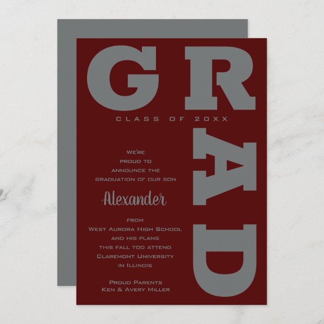 Bold GRAD Grey on Dark Maroon Graduation  Announcement (Front/Back)