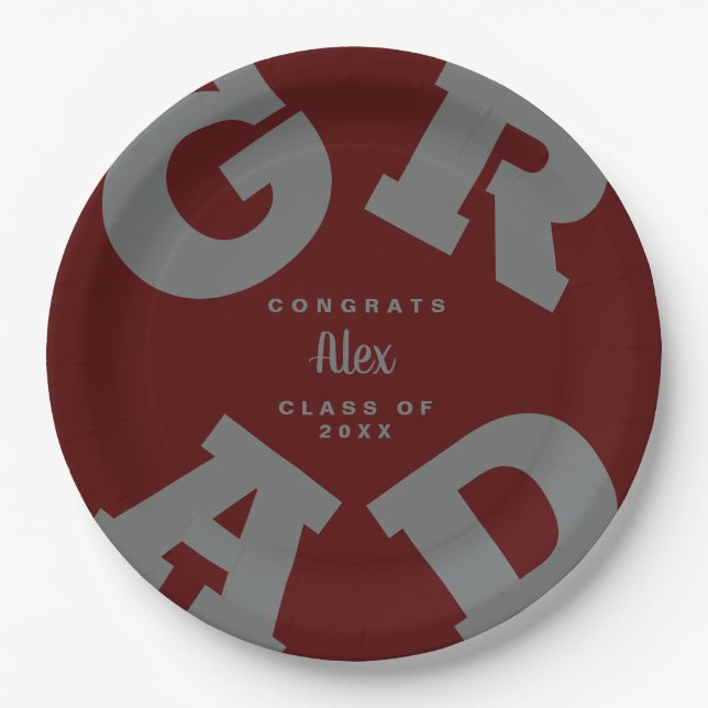 Bold GRAD Grey on Dark Maroon Graduation Paper Plate (Front)