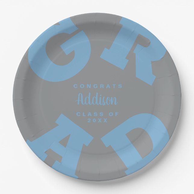 Bold GRAD | Grey on Powder Blue Graduation Plates (Front)