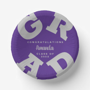 Bold GRAD Grey on Purple Graduation Custom Paper Plate