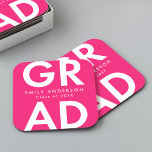Bold Grad Hot Pink Graduation Party Square Paper Coaster<br><div class="desc">Custom graduation paper coasters featuring "Grad" in bold white lettering with a hot pink background. Personalise the graduation coasters by adding the graduate's name and graduation year. The personalised graduation coasters are perfect for both high school and college graduation parties.</div>
