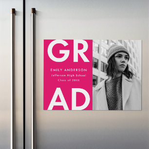 Bold Grad Hot Pink Photo Graduation Magnetic Invitation
