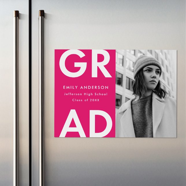 Bold Grad Hot Pink Photo Graduation Magnetic Invitation (Creator Uploaded)