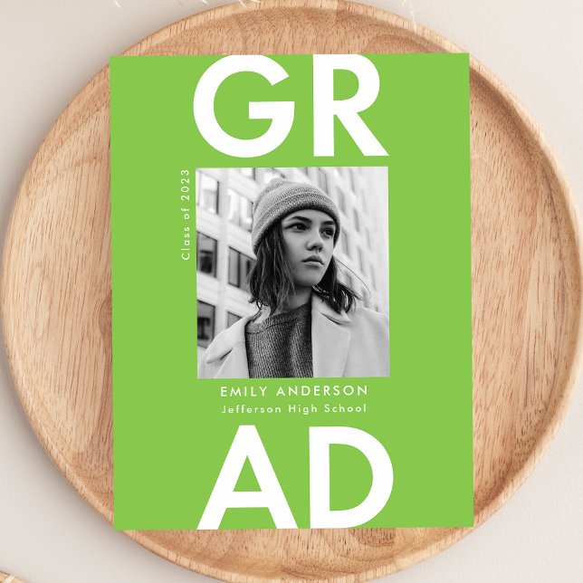 Bold Grad Lime Green Photo Graduation Party Invitation Postcard (Creator Uploaded)