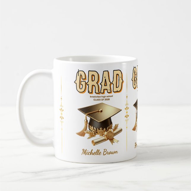 Bold grad modern trendy graduation personalised coffee mug (Left)
