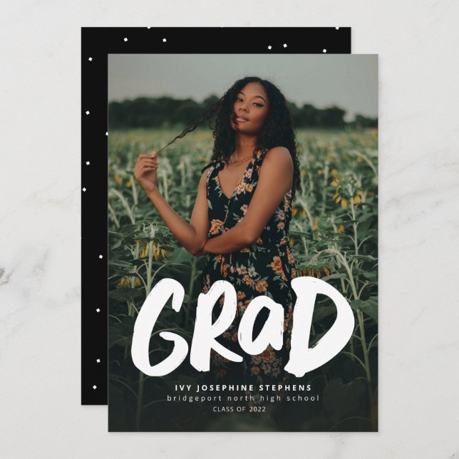Bold grad modern trendy one photo graduation announcement (Front/Back)