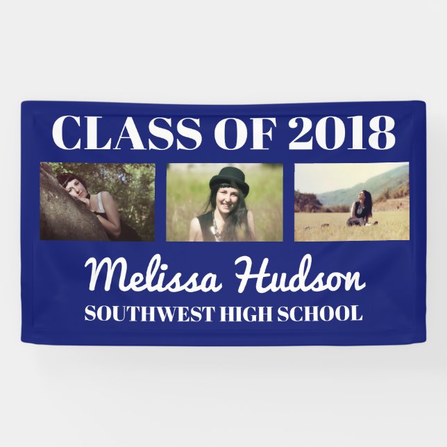 Bold Grad Navy Blue Congratulations Three Photo Banner (Horizontal)