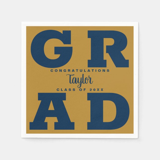 Bold GRAD | Navy on Gold Graduation Paper Napkins (Front)